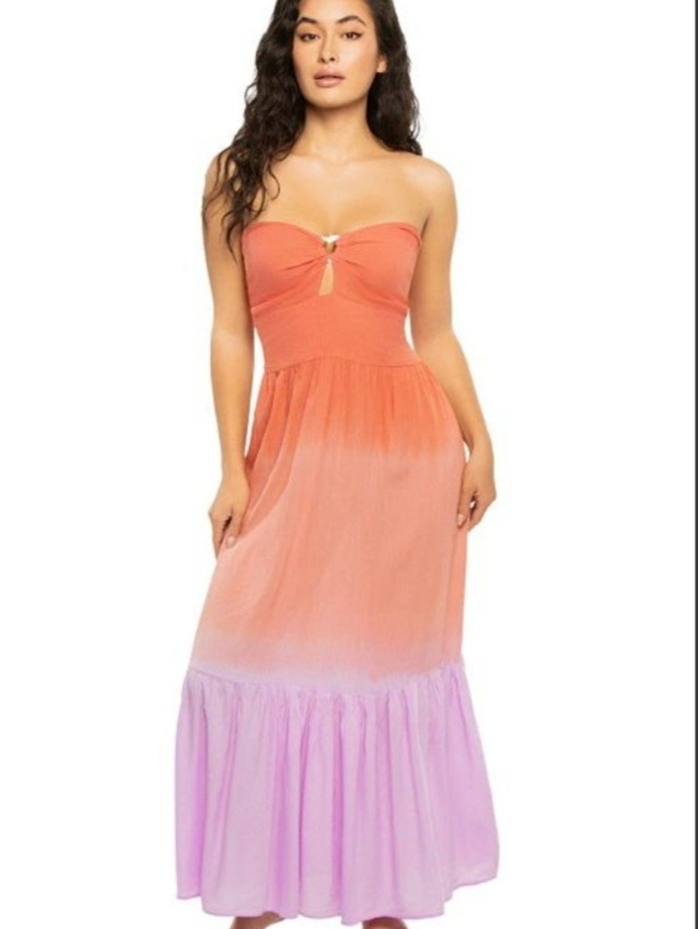 Tiare Hawaii Honey Strapless Smocked Ombre Orange to Lavender Maxi Dress